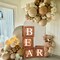 Brown Baby Balloon Boxes with 27 Letters - 4 Pcs Wooden Grain Baby Shower Blocks and A-Z+B Letters Woodland and Teddy Bear Decoration for Baby Shower, Gender Reveal